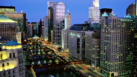 Cityscapes chicago city lights rivers cities wallpaper