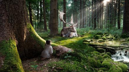 Forest deer fantasy art sunlight fairy tales wallpaper