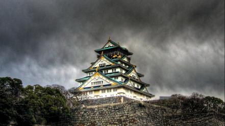 Japan castles storm osaka church skyscapes wallpaper