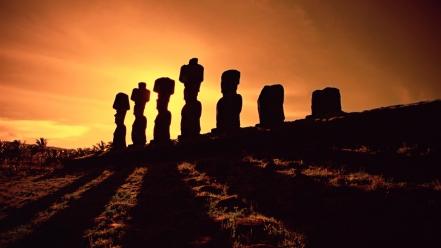 Silhouette shadows sunlight statues easter island moai wallpaper