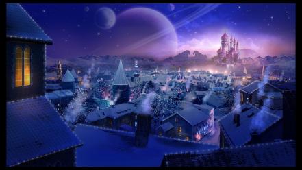 Surreal fantasy art town rooftops skies village wallpaper