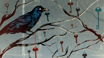 Birds hanging artwork ravens keys branches wallpaper