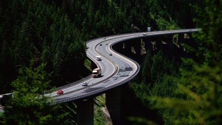 Forest cars trucks bridges highway driving wallpaper