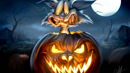 Halloween moon rabbits pumpkins wallpaper