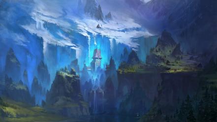 Mountains castles cliffs fantasy art wallpaper