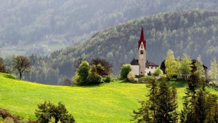 Mountains landscapes nature wood meadow chapel wallpaper