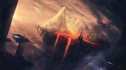 Mountains lava fantasy art spaceships science fiction artwork wallpaper