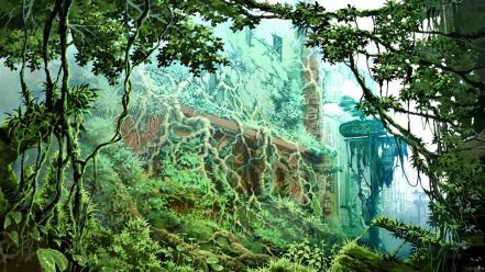 Tokyo trees post-apocalyptic fantasy art artwork vines wallpaper