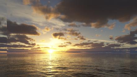 Water sunset clouds panorama multiscreen sea bezel-corrected wallpaper