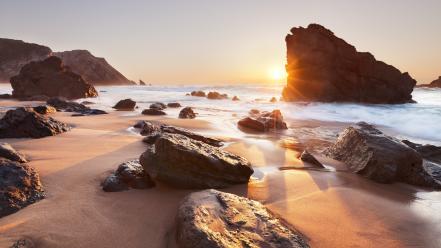 Waves rocks portugal sunlight hdr photography sea wallpaper