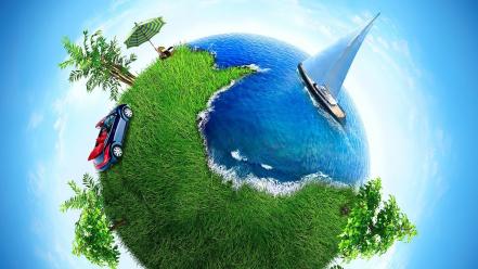 Cars planets grass earth oceans artwork yachts wallpaper