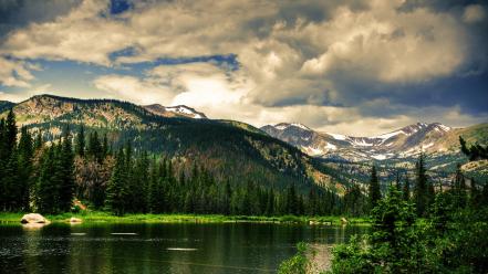 Green water mountains clouds nature forest rivers wallpaper