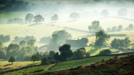 Landscapes nature trees valley fog farm wallpaper