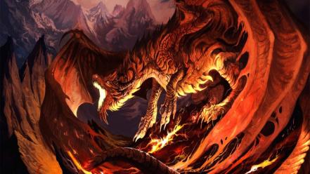 Paintings mountains red dragons volcanoes fantasy art wallpaper