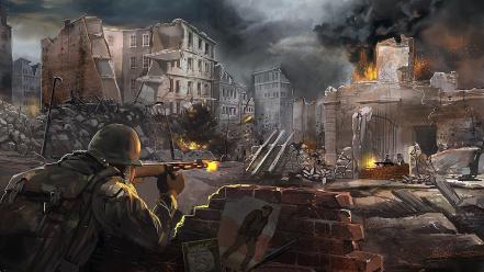 Soldiers ruins cityscapes fighting wallpaper