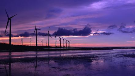 Water sunset landscapes windmills wind power wallpaper