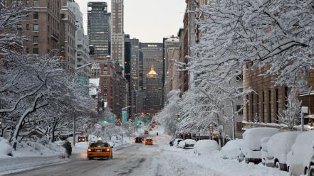 Winter snow new york city taxi cities wallpaper