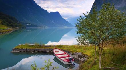 Landscapes norway boats western lakes rivers reflections wallpaper