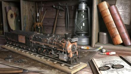 Miniature railroad tracks ink bookshelf railroads brushes wallpaper