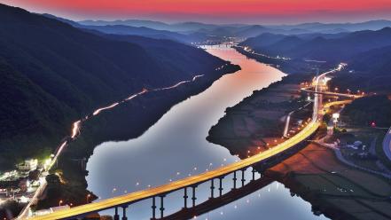 Mountains lights bridges roads south korea wallpaper