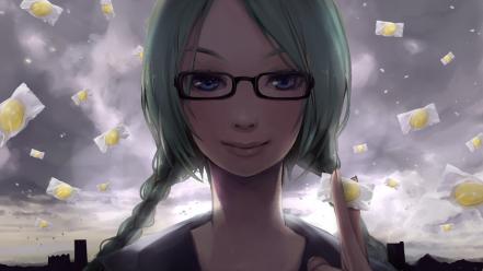 Sweets (candies) green meganekko braids skyscapes faces wallpaper