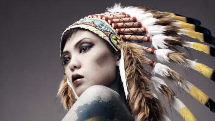 Women artistic fashion feathers head dress body painting wallpaper