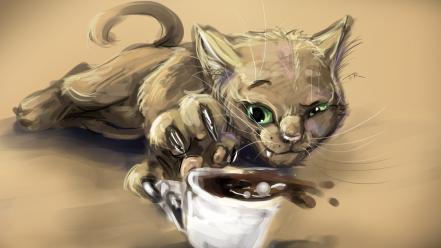 Cats animals drawings coffee cups paws wallpaper