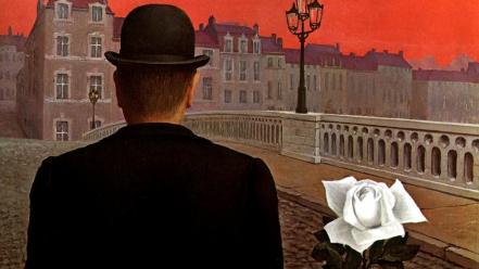 Men surrealism artwork roses hats rene magritte wallpaper