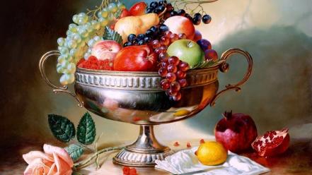 Paintings flowers fruits grapes pears apples lemons wallpaper