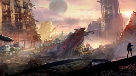 Post-apocalyptic fantasy art trash science fiction artwork widescreen wallpaper