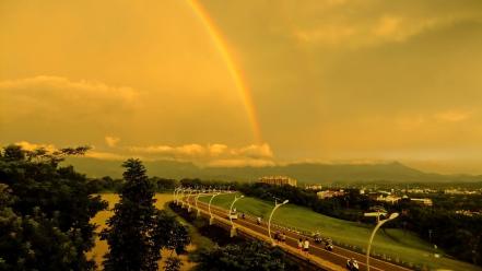 Clouds rainbows roads taiwan lakes roadsigns skyscapes evening wallpaper