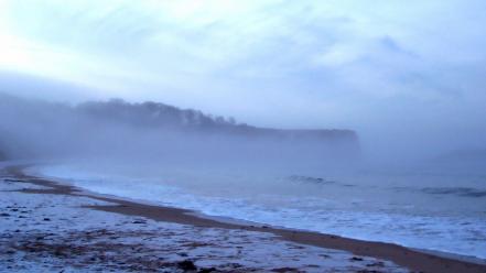 Coast beach waves fog mist scotland frost wallpaper
