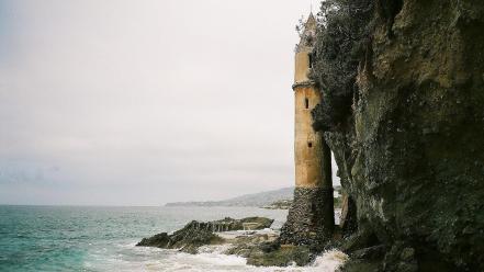 Landscapes beach tower rock san sea wallpaper