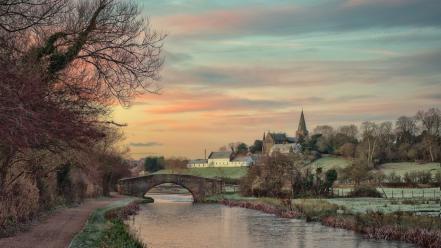 Water trees cityscapes bridges town church rivers wallpaper