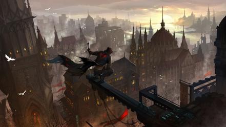 Chains swords cities skies original characters birds wallpaper