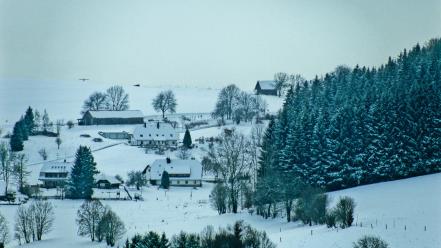 Landscapes snow trees forest houses europe switzerland village wallpaper