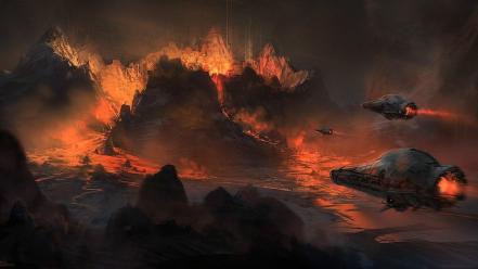 Lava spaceships digital art science fiction artwork wallpaper