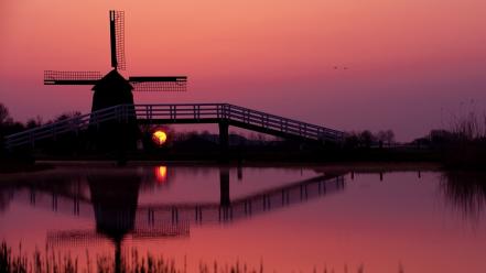 Sunset netherlands windmills wallpaper