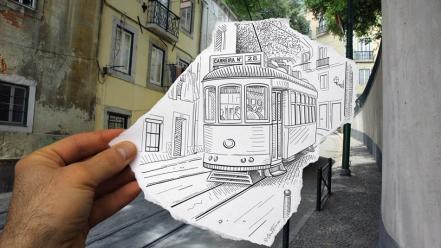 Vintage old buildings europe tram pencil vs camera wallpaper