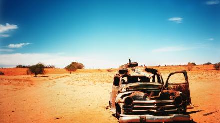 Blue cars orange desert rusted abandoned skies wallpaper