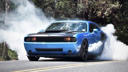 Blue cars smoke muscle burnout dodge challenger srt wallpaper