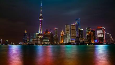 Cityscapes night multicolor skyscrapers shanghai buldings wallpaper