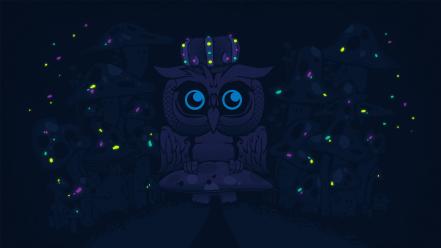 Dark night mushrooms glowing owls artwork desktopography wallpaper