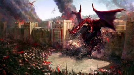 Dragons fire fantasy art battles red dragon siege wallpaper