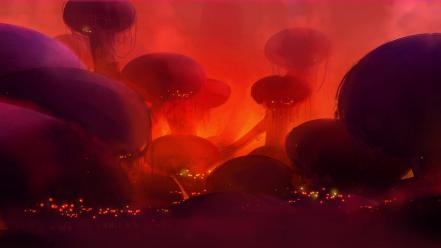 Fantasy mushrooms city lights alien landscapes marshland wallpaper