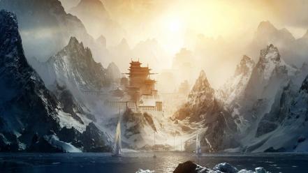 Mountains japanese boats artwork temple wallpaper