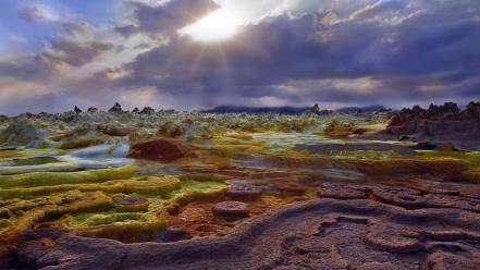 Clouds landscapes sun minerals ethiopia bing rock formations wallpaper
