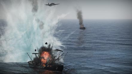 Fire smoke ships splashes game art thunder wallpaper