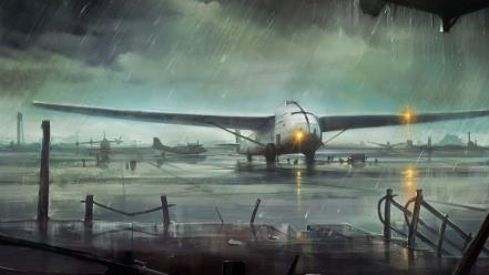 Paintings aircraft lights rain airports artwork aviation railing wallpaper