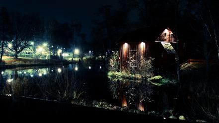 Water landscapes winter night buildings canon wallpaper